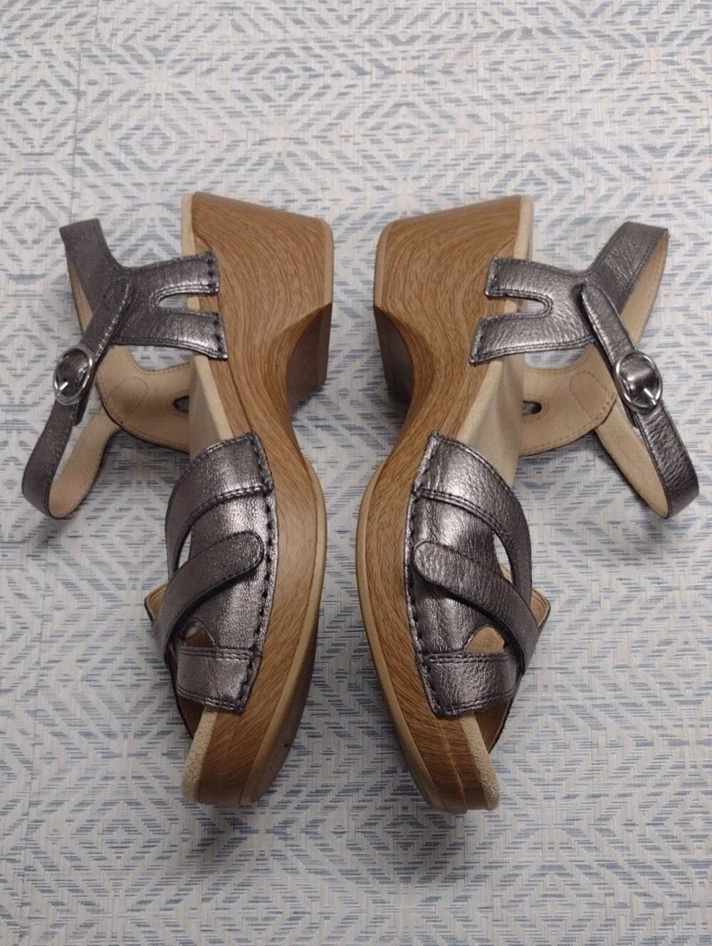 Dansko Silver Leather Wedge Sandals with Wood-Look Heel